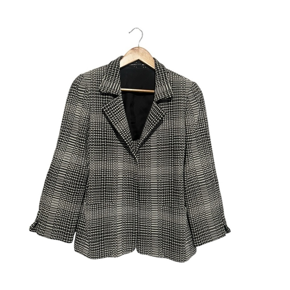 Linda Allard Ellen Tracy Blazer Jacket 2 Black White Textured Open Front Cotton